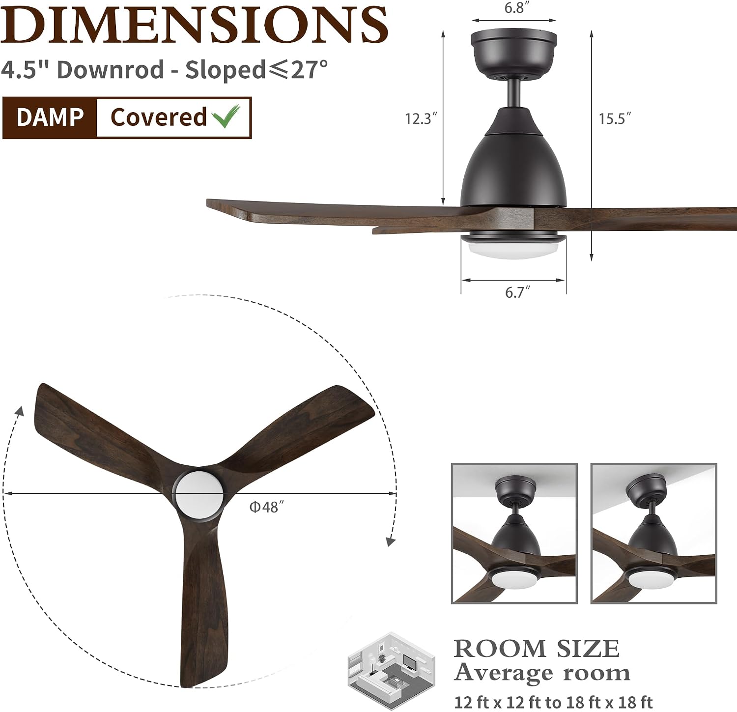 48' Smart Low Profile Ceiling Fans with Dimmable Lights Remote,Quiet BLDC Motor,Outdoor Indoor Downrod Mount Ceiling Fan,Control with WIFI Alexa App,3 Walnut Solid Wood Blades,for Modern Bedroom
