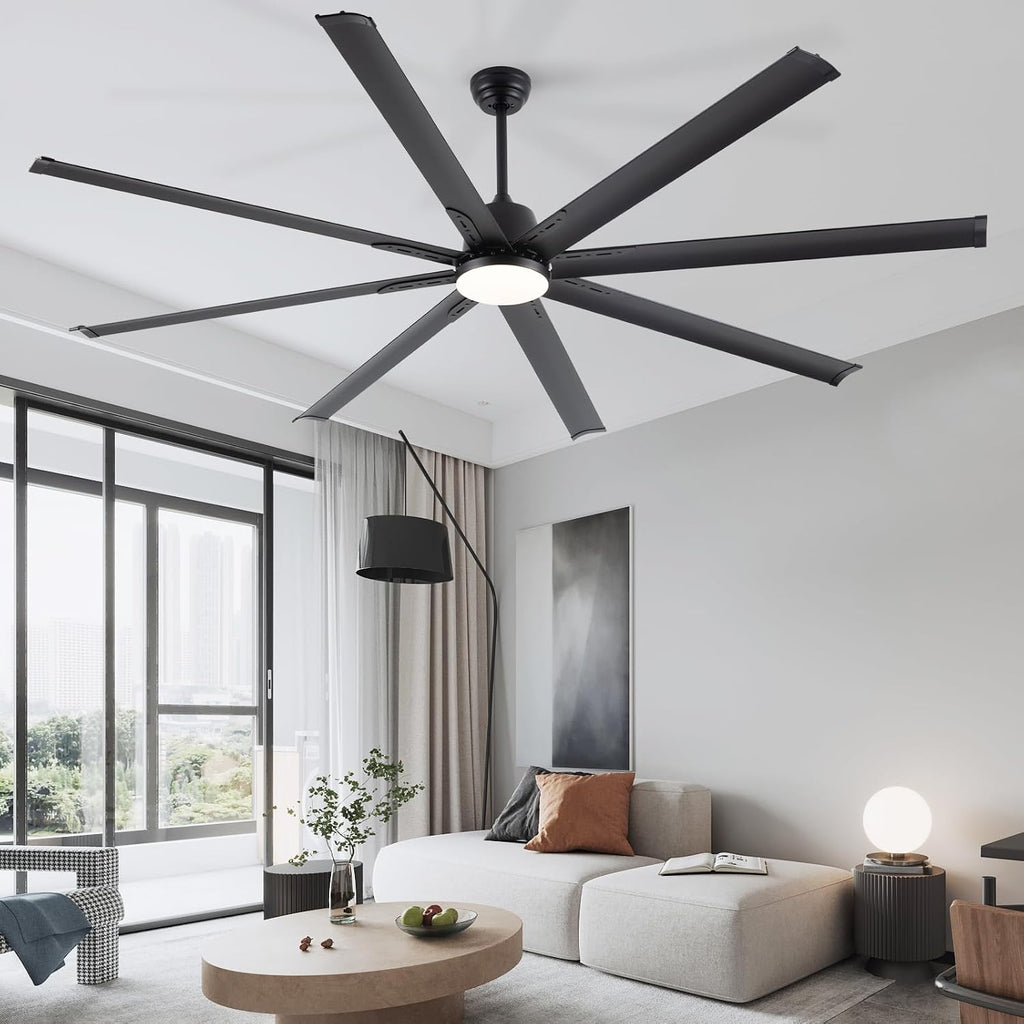 Minislak 84 lnch lndustrial Celing Fan with Light and Remote Control,Large Celing Fan with 8 Black Aluminum Blades,6 Speed Noiseless DC Motor,Wet Rated Indoor Outdoor Ceiling Fans for Patio,exterior.