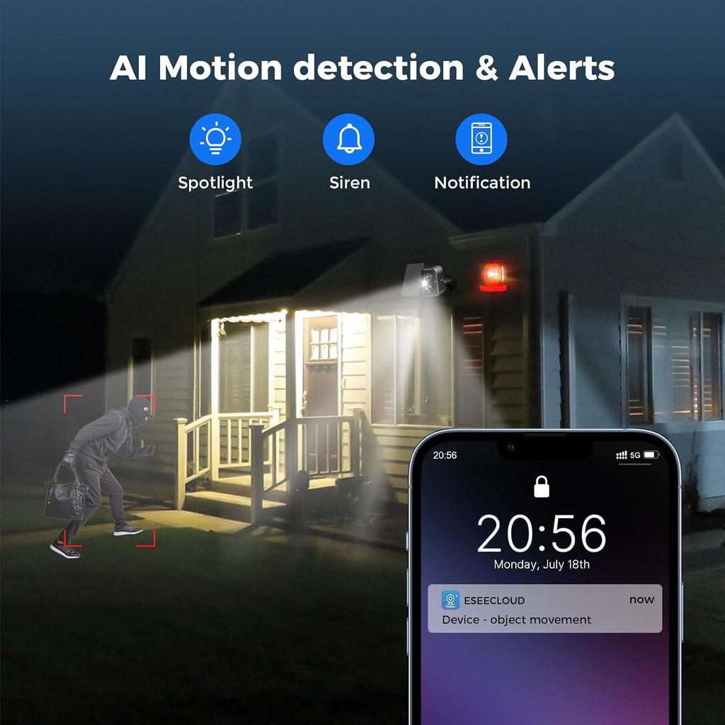 Hiseeu Security Cameras Wireless Outdoor, 3pcs Solar Powered 3K 4MP Surveillance WiFi Cameras for Home Security Outside, PIR/AI Motion Detection, Waterproof, Color Night Vision, 2-Way Audio, Black
