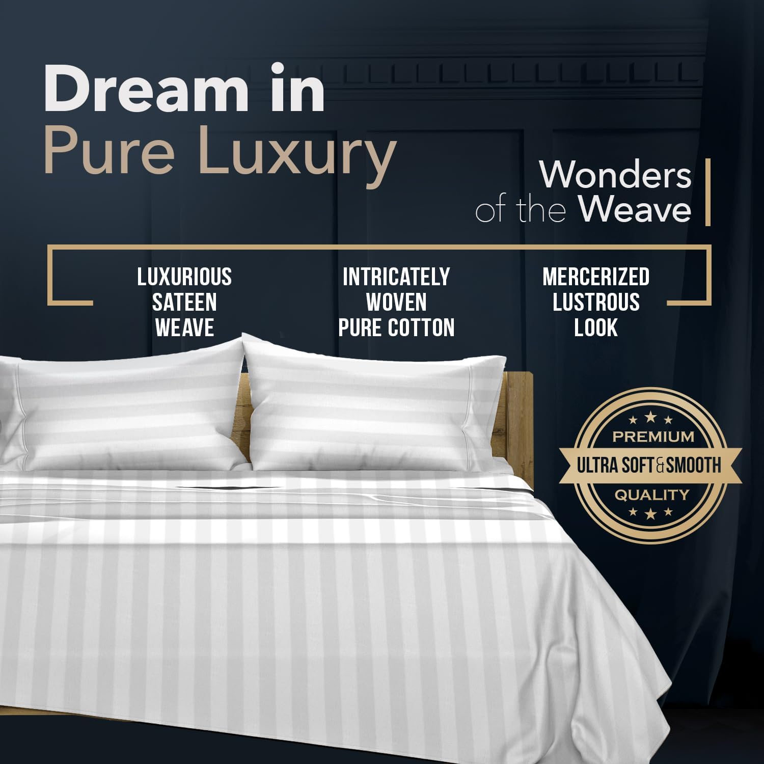 TEXAS LINEN CO. 100% Egyptian Cotton Sheets California King Size - Luxury 1500 Series Couture Comfortin' Damask Cal King Sheet Set Egyptian Cotton, (4 PC, White Stripe), 17' Deep Pocket Bedsheet Set