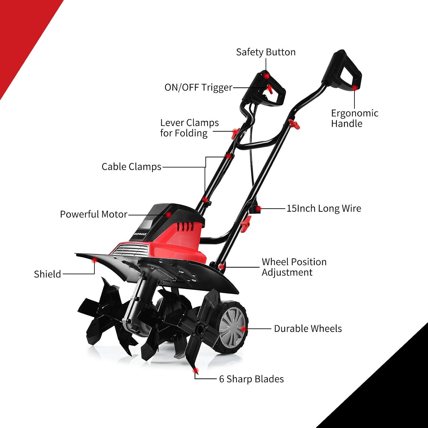 IRONMAX 13.5 Amp Electric Tiller, Corded Rototiller Tool w/Foldable Handle & 6 Tines, 17.7-Inch Tilling Width, Lightweight Garden Cultivator for Lawn Digging Soil (13.5 Amp, 6 Tines)