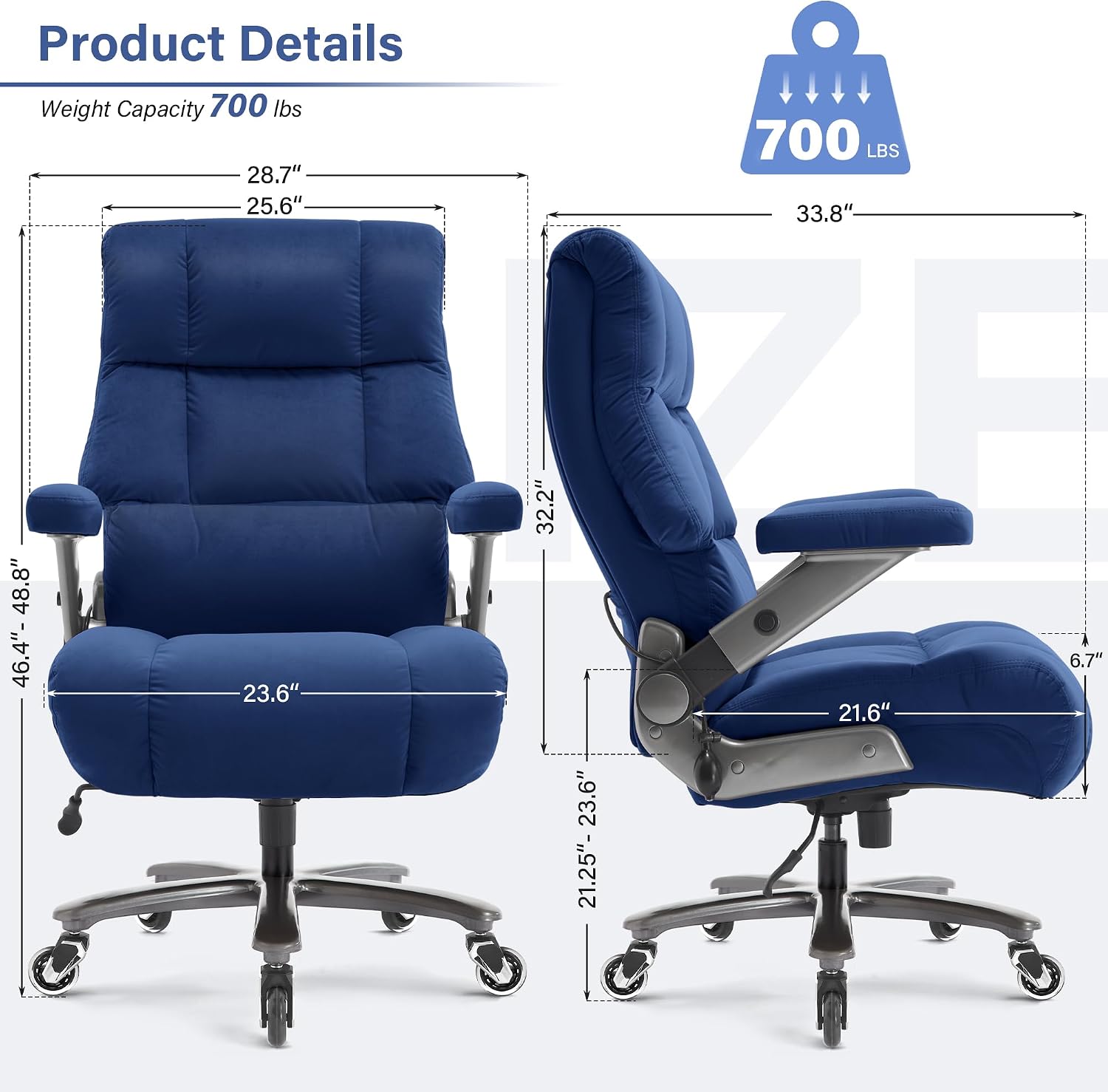 Big and Tall Office Chair 700lbs- Executive Desk Chair with Adjustable Lumbar Support 3D Flip UP Arms- Heavy Duty Quiet Wheels Metal Base Ergonomic Computer Chairs, Blue