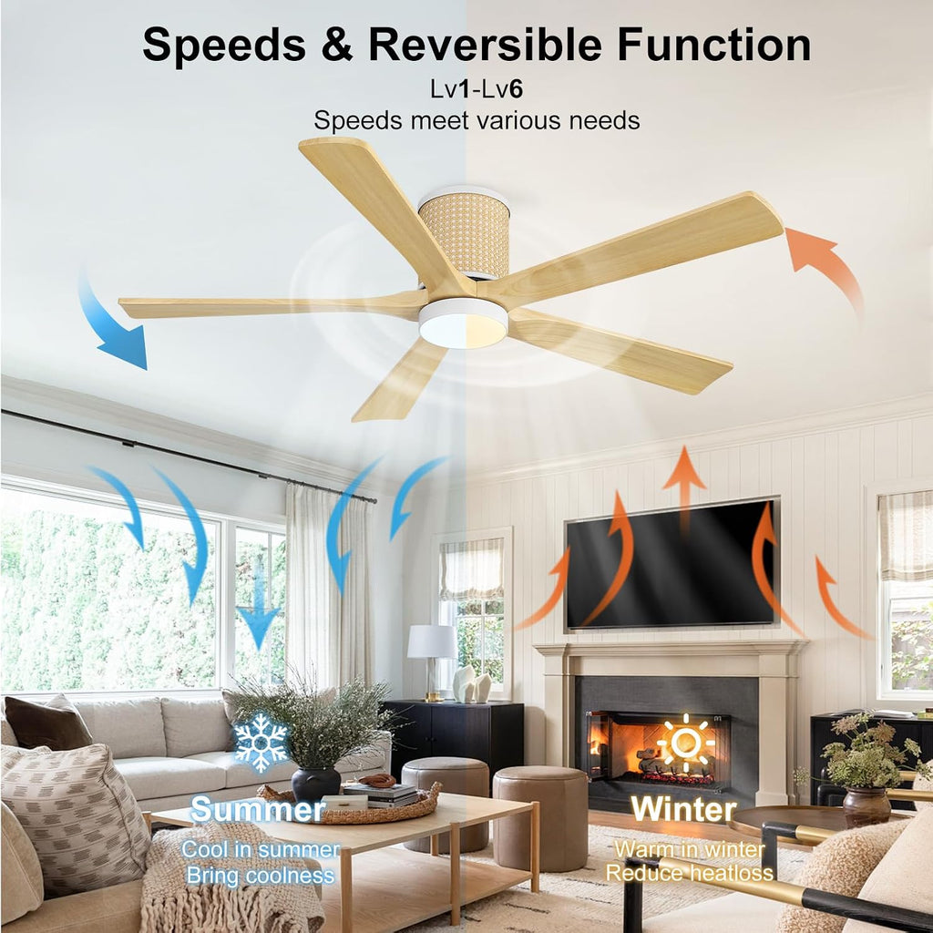 WINGBO Ceiling Fan with Lights - 54 inch Solid Wood Flush Mount Ceiling Fan with Remote,3CCT, Dimmable LED,5 Blades, 6-Speed Noiseless Powerful DC Motor, ETL Listed (White+Light Wood)