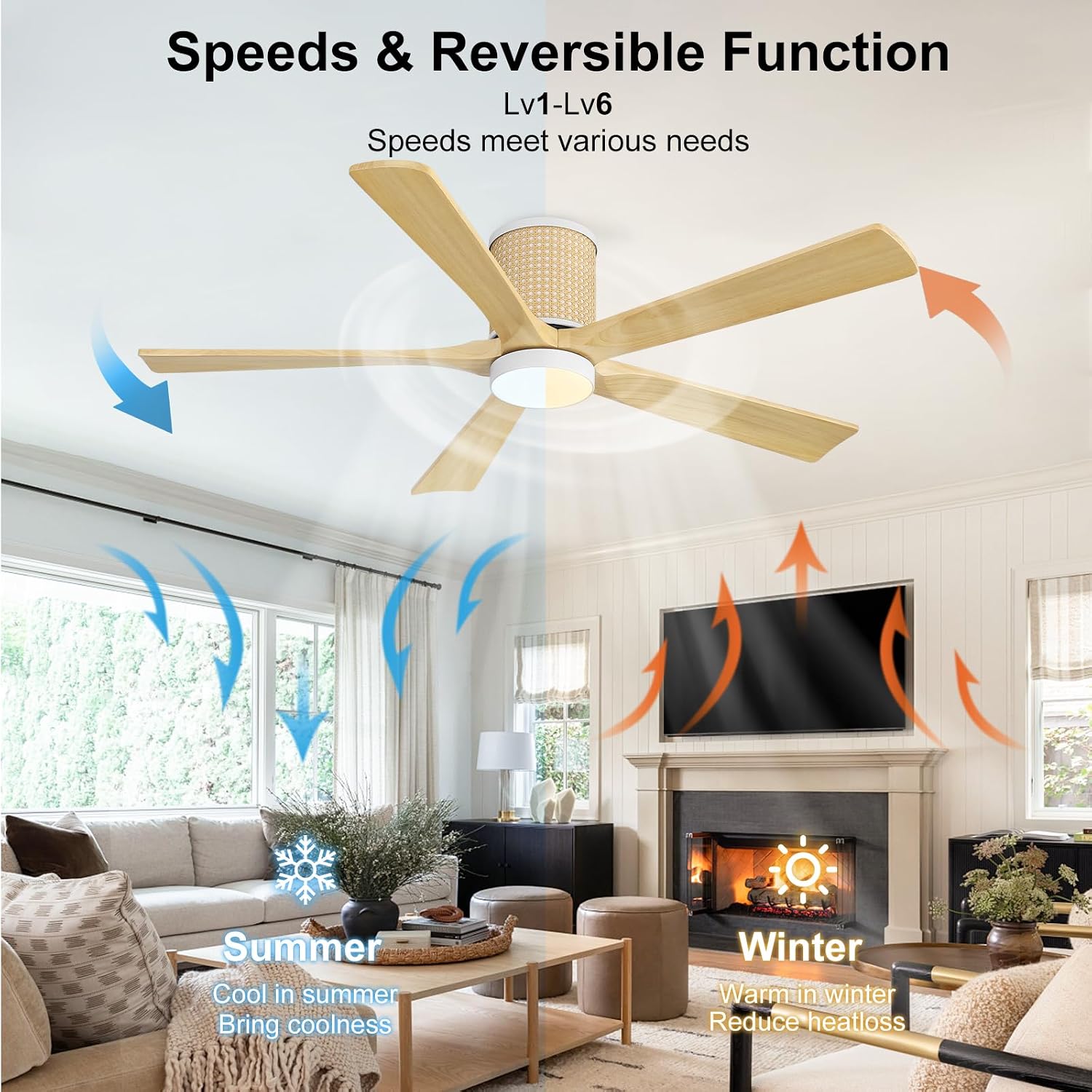 WINGBO Ceiling Fan with Lights - 54 inch Solid Wood Flush Mount Ceiling Fan with Remote,3CCT, Dimmable LED,5 Blades, 6-Speed Noiseless Powerful DC Motor, ETL Listed (White+Light Wood)