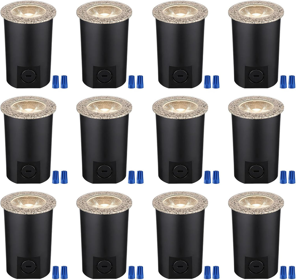 LEONLITE 12-Pack 3W 3000K Well Lights Landscape LED In Ground, 12-24V AC/DC Low Voltage, CRI90 IP67 Inground Well Lights Outdoor, Rock Color Aluminum Housing, Embedded Parts Included