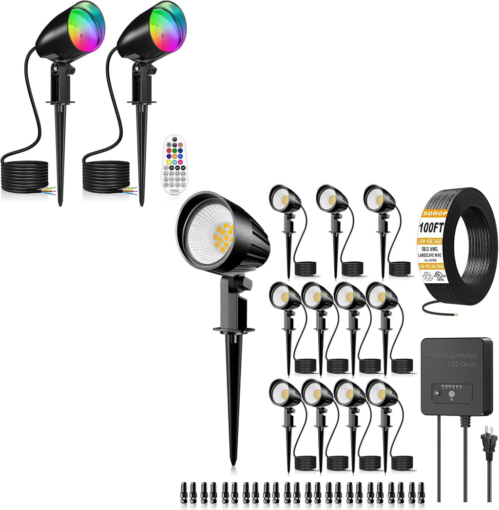 20W RGBW Color Changing Spotlight 2 Pack & 12W Low Voltage Landscape Lighting Kit 12 Pack