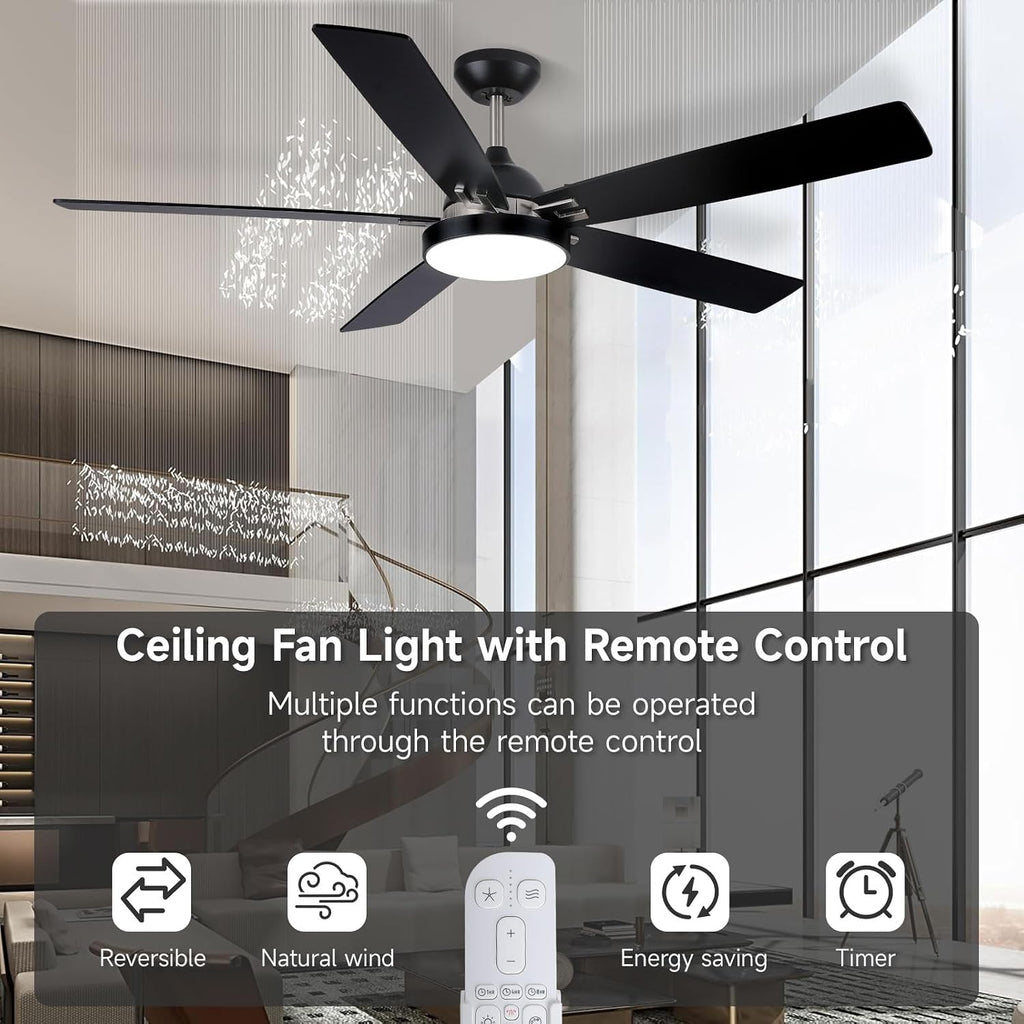 Ceiling Fan with Light and Remote, Outdoor Ceiling Fan with 6 Propeller Blade for Patio, Noiseless DC Motor, 60 Inch Rustic Farmhouse Ceiling Fan (Black 5 Blade Ceiling Fan Light)