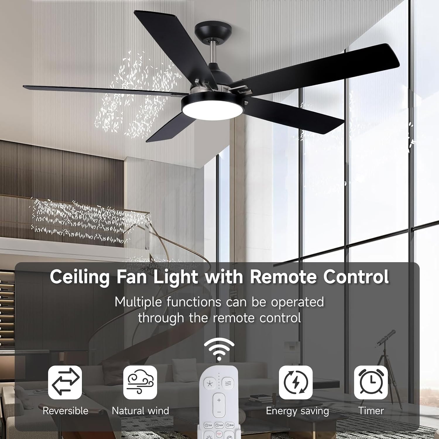 Ceiling Fan with Light and Remote, Outdoor Ceiling Fan with 6 Propeller Blade for Patio, Noiseless DC Motor, 60 Inch Rustic Farmhouse Ceiling Fan (Black 5 Blade Ceiling Fan Light)