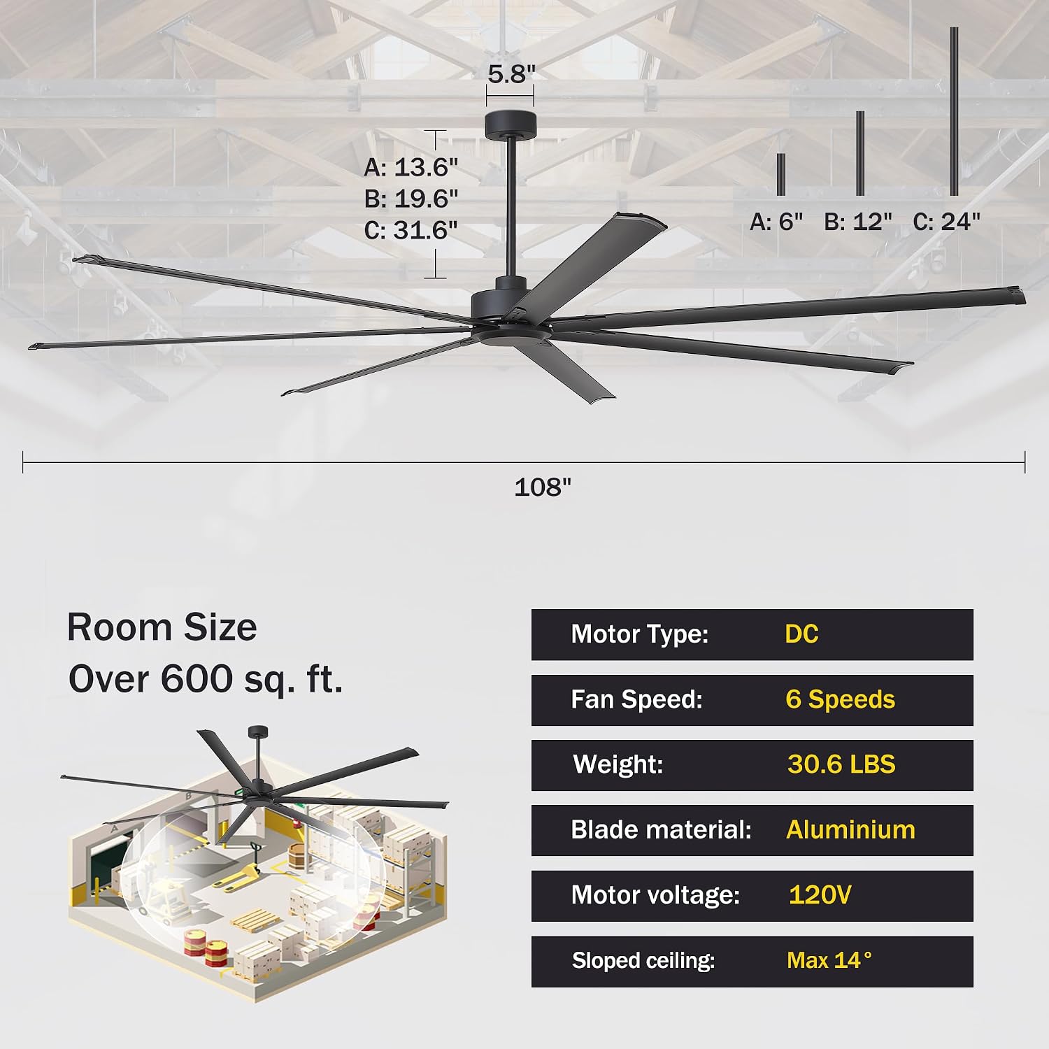 108 Inch Industrial Ceiling Fans without Lights, Large HVLS Ceiling Fan with 7 Aluminum Blades, 6-Speed Quiet DC Motor, 3 Downrods, Commercial Ceiling Fan for Shop/Garage/Gym (Black)