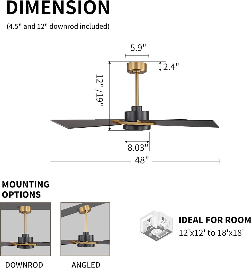 WINGBO 48 Inch Ceiling Fan with Light and Remote, 4 Plywood Blades, 6-Speed Reversible DC Motor, Dimmable, 3CCT, Farmhouse Ceiling Fan for Bedroom Living Room Kitchen, Brass and Black/Walnut