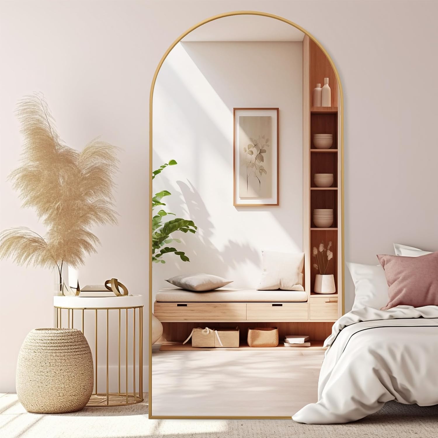 ZHUNFA Arched Full Length Mirror, 71x32 Oversized Floor Mirror with Stand | Gold Large Mirror Full Length, Aluminum Full Body Dressing Mirrors with Arched-Top, Leaning for Living Room, Bedroom
