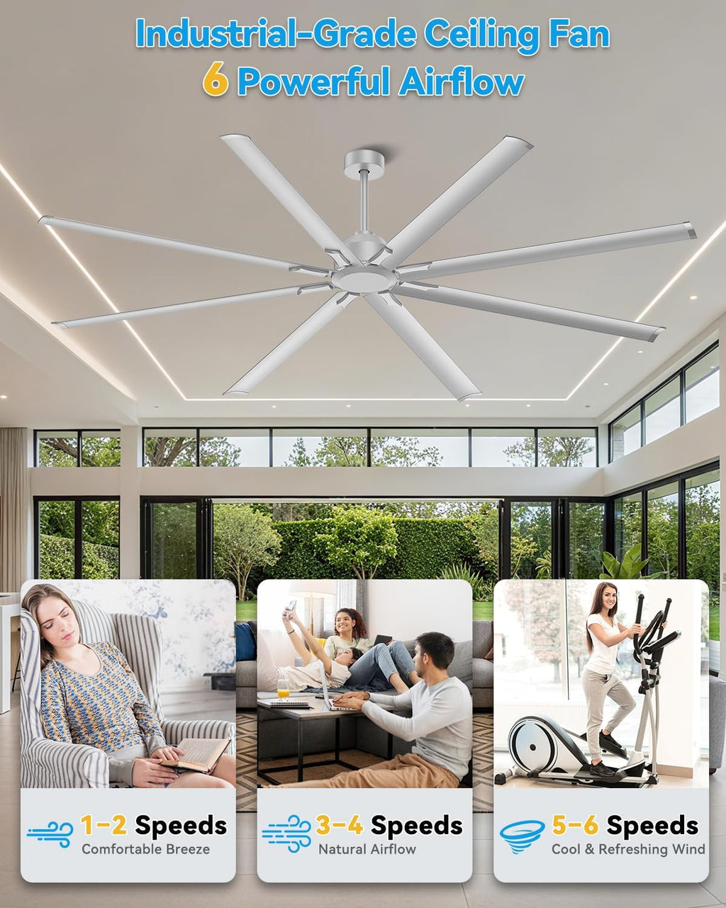 96 Inch Silver Industrial Ceiling Fan, Extra Large HVLS Commercial Big Assed Shop Ceiling Fan with 8 Aluminum Blades, DC Motor, Remote Control for Garage, Warehouse, Gym