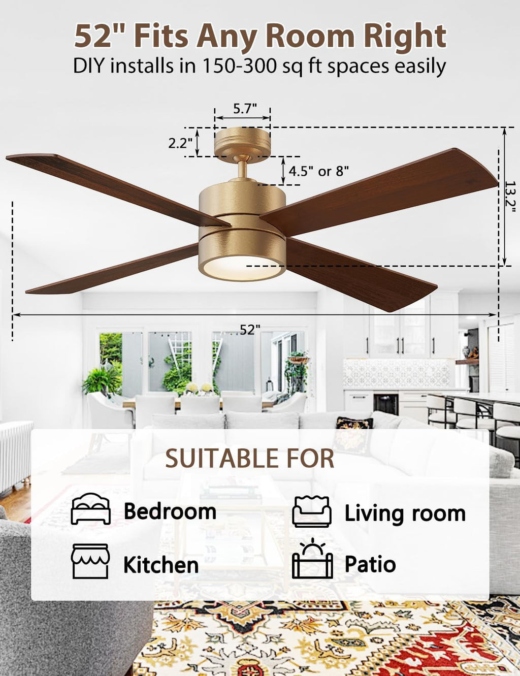 52' Outdoor Ceiling Fan with Lights and Remote – Luxury Gold Finish, Waterproof DC Motor, Reversible, Dimmable LED, Smart APP Control for Patios, Gazebo, and Indoor Spaces