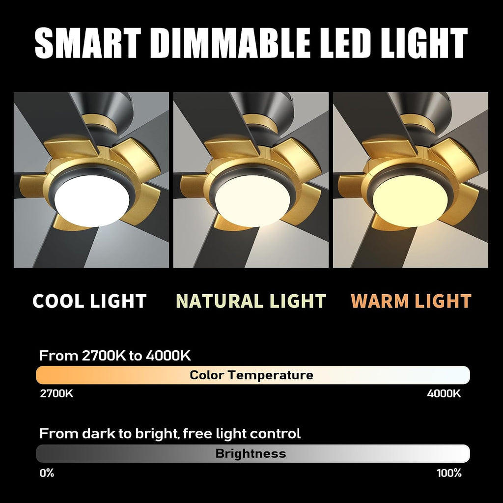 CEME Smart 52' Ceiling Fans with Lights Flush Mount, 3 Light Colors Dimmable, 10 Speeds DC Ceiling Fan with Remote, Outdoor Ceiling Fan Compatible with Alexa, Siri & Google Home, Black Gold