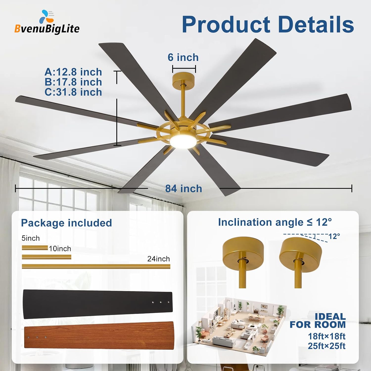 Large Ceiling Fans with Lights: Modern 84 Inch 8 Blade Outdoor Ceiling Fan with Remote APP Control - Dimmable Big Fan Light Indoor Reversible 6 Speed Quiet DC Motor - Brass