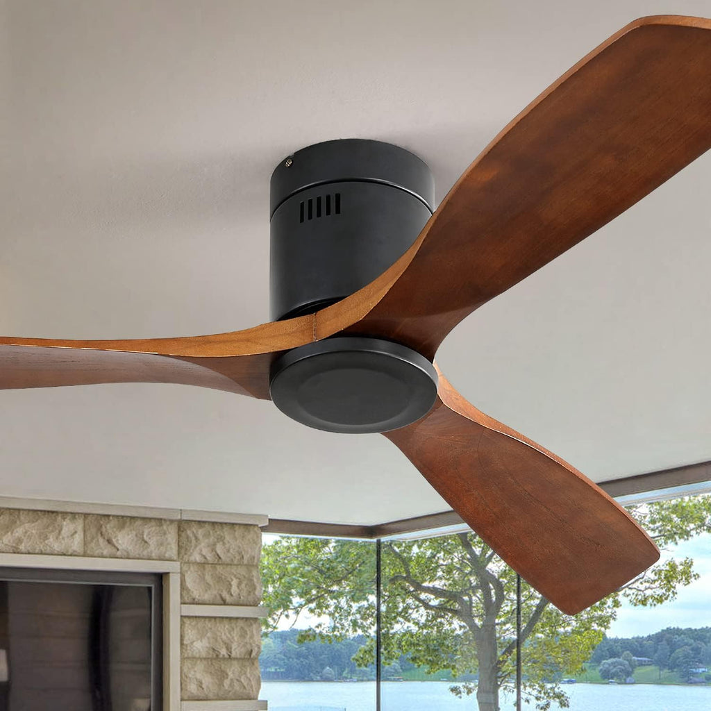 52 Inch Ceiling Fan, Ceiling Fan Without Light, Solid Wood Blades, 3 Fan, Remote Control, Reversible DC Motor, 6 Speeds, Wooden Flush Mount Fan For Bedroom, Covered Patio