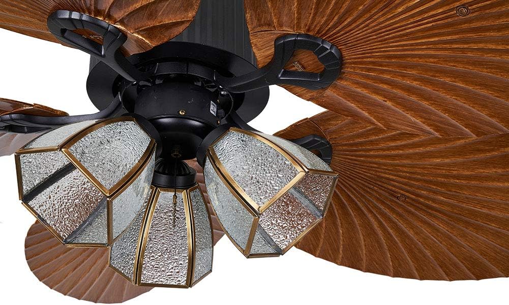 Tropical Ceiling Fan Outdoor Downrod Ceiling Fan with Sunset Bowl Light, Five Hand Carved Wooden Leaf Blades for Dining Bed Room Patio Porch (52Inch, 3Light)
