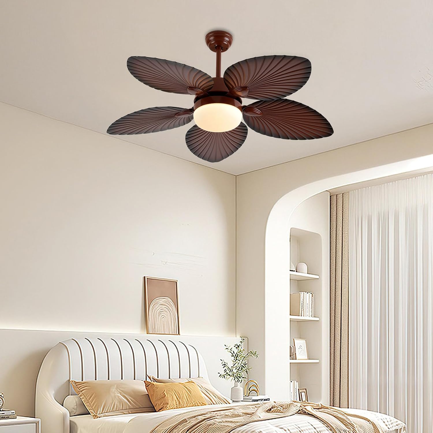 42' Retro Vintage Ceiling Fan Light with Remote Control - 3 Color Changes, 5 Tropical Palm Leaf Blades, Perfect for Home Decor, Living Room & Bedroom Lighting