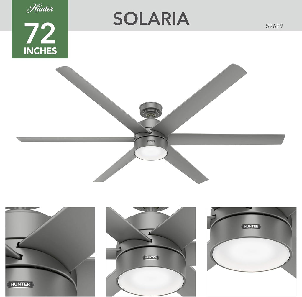 Hunter 72 inch Outdoor or Indoor Ceiling Fan with LED Light - Ceiling Fan with Wall Control, For Patio, Garage, or Porch, Quiet, Standard Mount, 6 Blades - Solaria 59629, Matte Silver