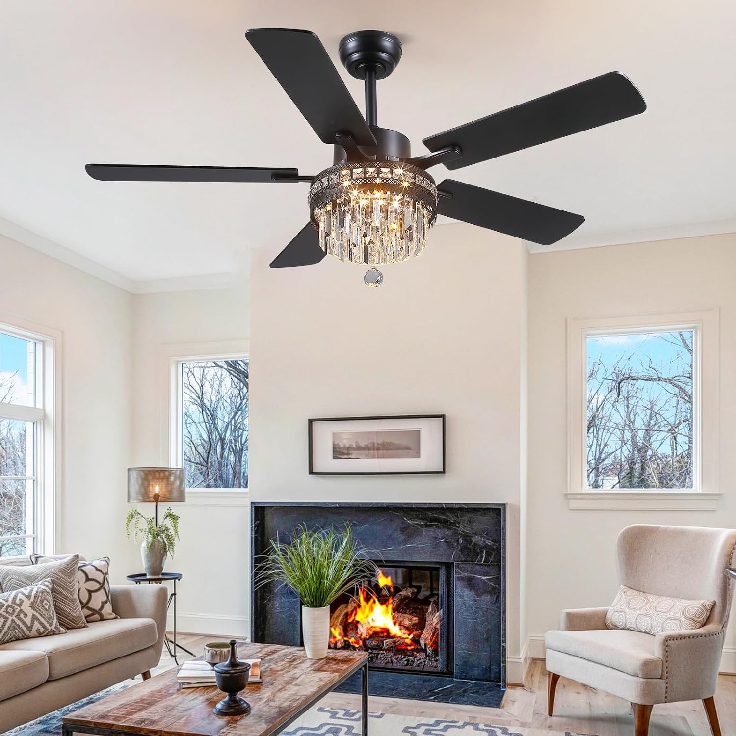 Asyko Crystal Ceiling Fan Fandelier with Lights - 46' Crystal Ceiling Fans with Noiseless DC Motor, Retro/Farmhouse Lighting, Dining Room,Living Room