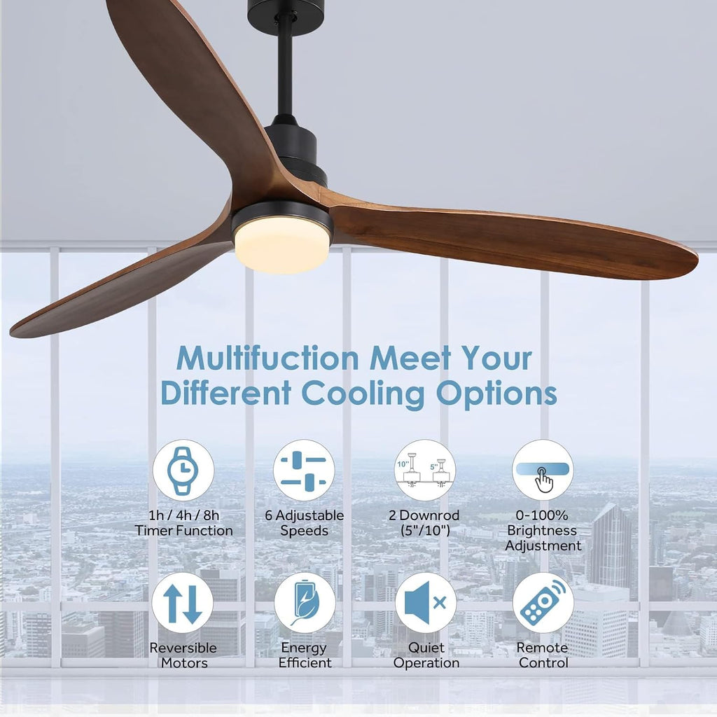 Sofucor 60 Inch Ceiling Fan with Light and Remote - 3 Solid Wood Blades, Quiet DC Motor, 6 Speeds 7000CFM, Dimmable Tri-Color LED with Memory, Timer & Reversible for Living Room, ETL, Walnut Wood