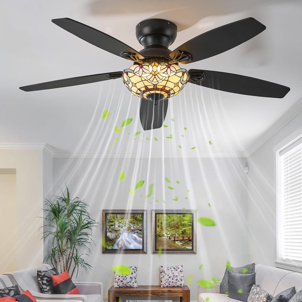 Tiffany Ceiling Fans with Lights - 52' Ceiling Fan Chandelier with 5 Dual-Blades and Glass Shade, 6 Speeds and Reversible, Indoor and Outdoor, Retro Style