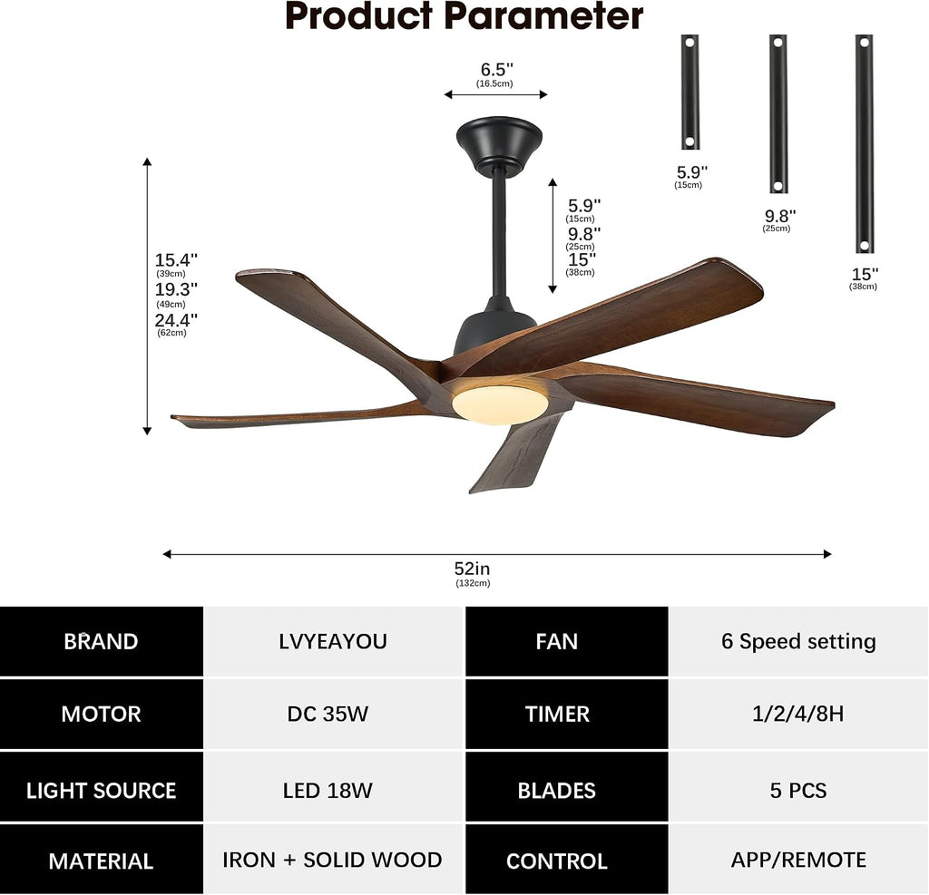 52' DC Ceiling Fan with Light, 5 Solid Wood Blades, Remote and APP Control, 3-color Dimmable, 6-speed Reversible, Quiet Ceiling Fan for Bedroom, Living Room, Dark Walnut