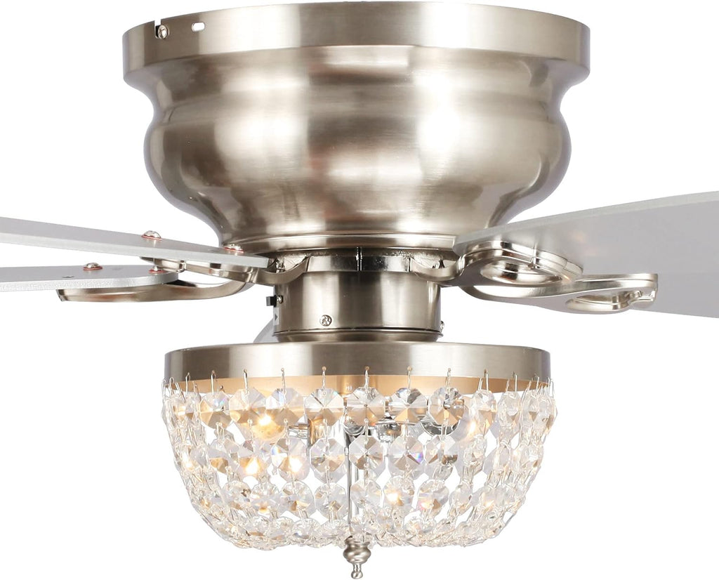 48 Inch Low Profile Ceiling Fan with Light: Farmhouse Caged Fandelier, Crystal Flush Mount Ceiling Fan with Remote, Indoor/Outdoor Use for Patios Living Room Bedroom, Silver