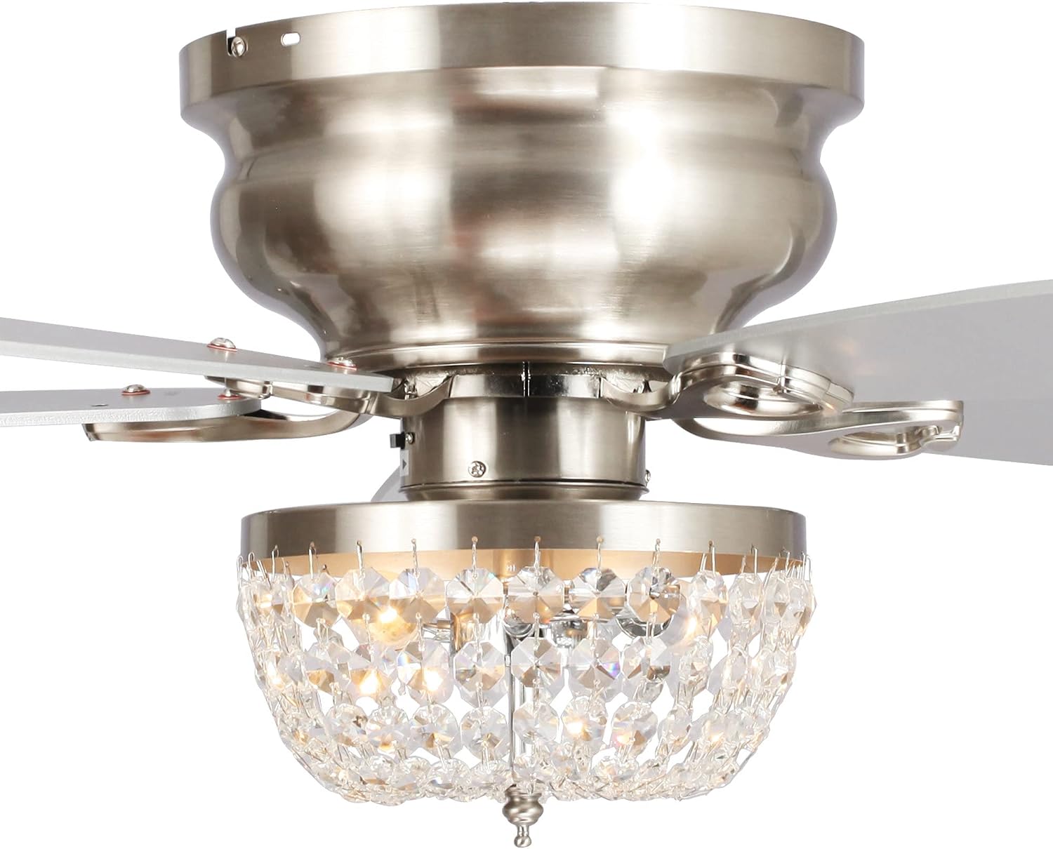 48 Inch Low Profile Ceiling Fan with Light: Farmhouse Caged Fandelier, Crystal Flush Mount Ceiling Fan with Remote, Indoor/Outdoor Use for Patios Living Room Bedroom, Silver