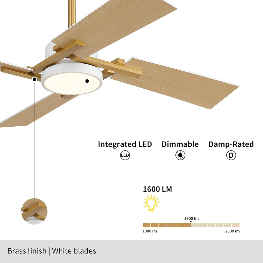 WINGBO 48 Inch Ceiling Fan with Light and Remote, 4 Plywood Blades, 6-Speed Reversible DC Motor, Dimmable, 3CCT, Farmhouse Ceiling Fan for Bedroom Living Room Kitchen, Brass and White/Oak