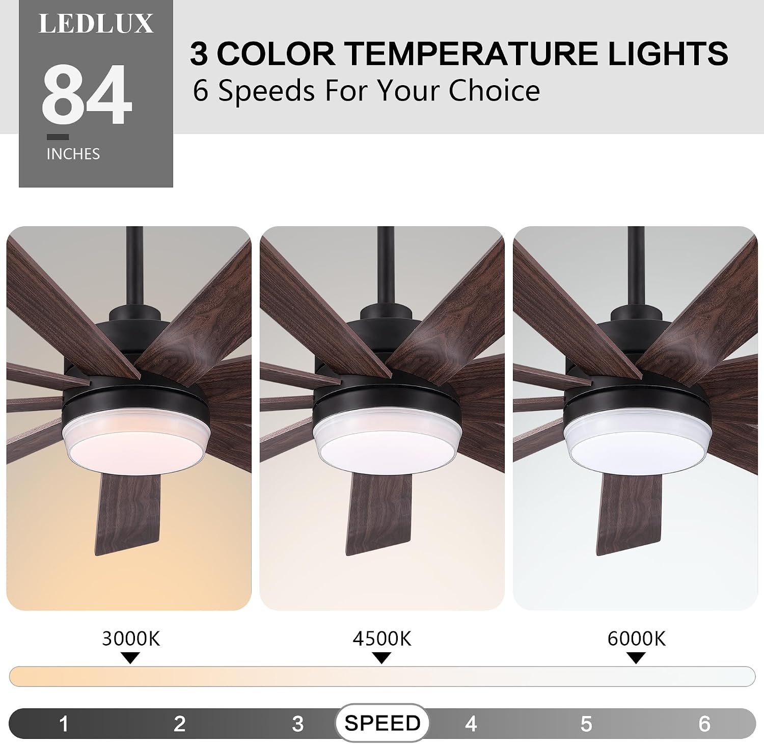 LEDLUX 84' Ceiling Fan with Light, 6-Speed Remote Control, Reversible DC Motor, Modern 9 Blades with 4.5'/12'/24' Downrods for Home or Commercial Black/Walnut