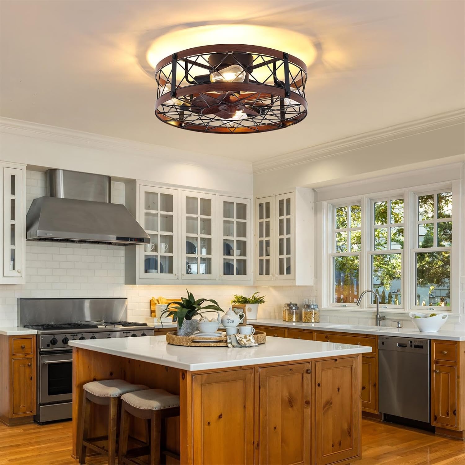 24' Farmhouse Flush Mount Caged Ceiling Fans with Lights, Rustic Low Profile Ceiling Fan with Light and Remote, Quiet Reversible DC Motor Bladeless Enclosed Ceiling Fan for Bedroom Dining Room Kitchen