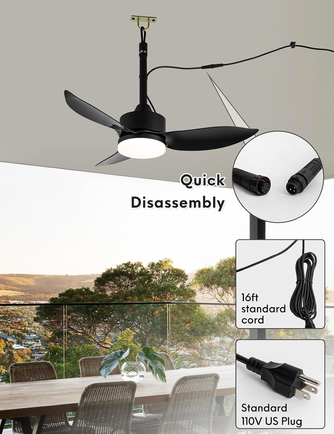 EKIZNSN Outdoor Plug In Ceiling Fan with Light and Hook, 39' IP65 Waterproof Wet Rated Patio Ceiling Fans, Black
