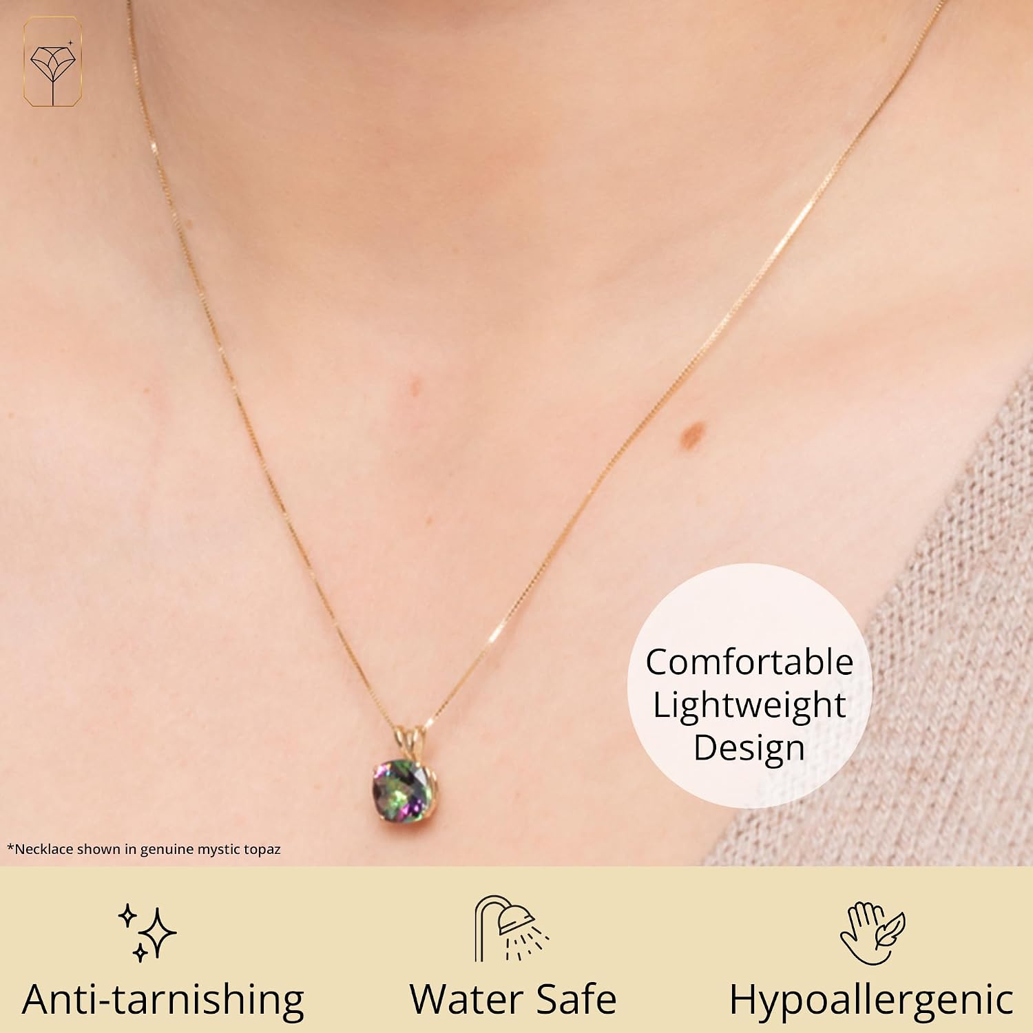 MAX + STONE Cushion Cut Gemstone Necklace | 8mm Solitaire Birthstone Necklace for Women | Gemstone Pendant Necklaces with 18 inch Box Chain