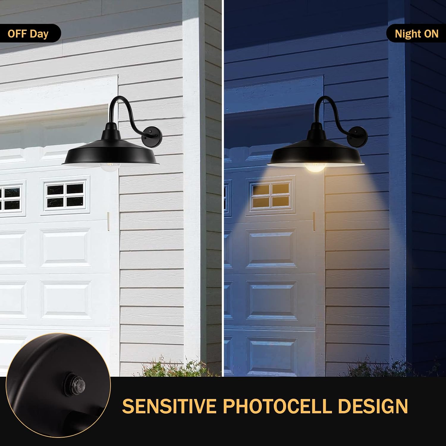 Dusk to Dawn Barn Light Outdoor, 16 Inch Dome Large Farmhouse Exterior Light Fixture Wall Mount, Industrial Outdoor Wall Sconce Outside for House, Shop, Porch, Garage, Black, 2 Pack