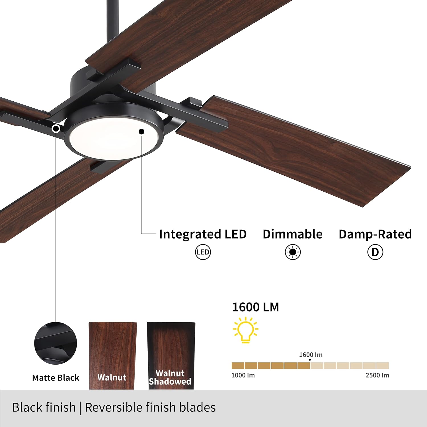 WINGBO 72 Inch Ceiling Fan with Light and Remote, 4 Plywood Blades, 6-Speed Reversible DC Motor, Dimmable, 3CCT, Farmhouse Ceiling Fan for Bedroom Living Room Kitchen, Black and Walnut/Shadowed Walnut
