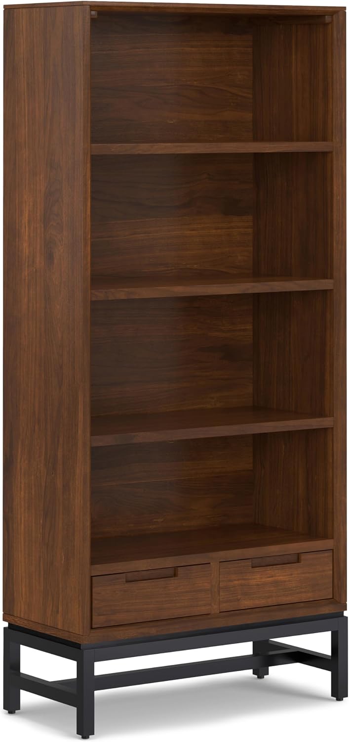 SIMPLIHOME Banting Desk and Bookcase Bundle - 72 inch Wide Solid Wood Desk with Drawers and 30 inch Wide 4-Shelf Bookcase in Walnut, Modern Industrial Home Office Furniture (Set of 2)