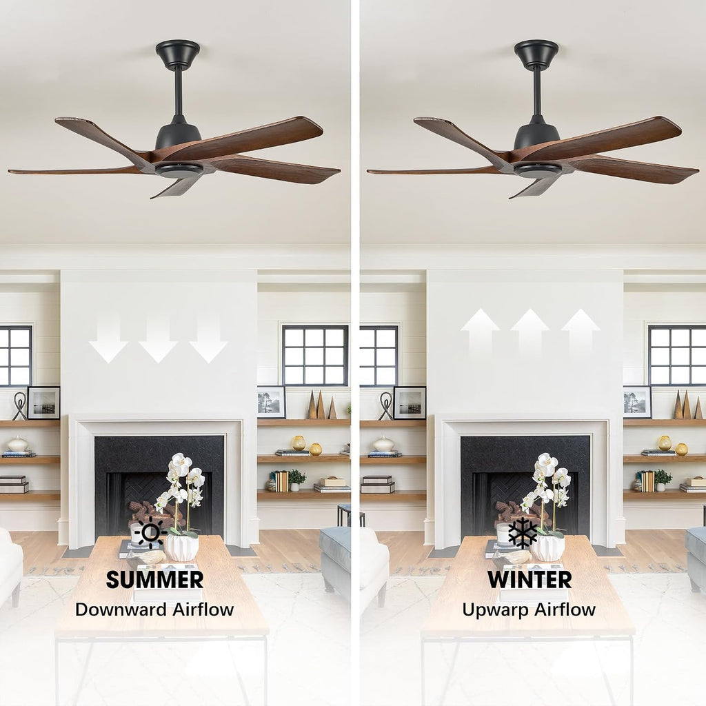52 Inch Solid Wood Ceiling Fan No Lights, Remote and APP Control, DC Motor, 6-speed Reversible, for Bedroom, Living Room, Office, Dark Walnut