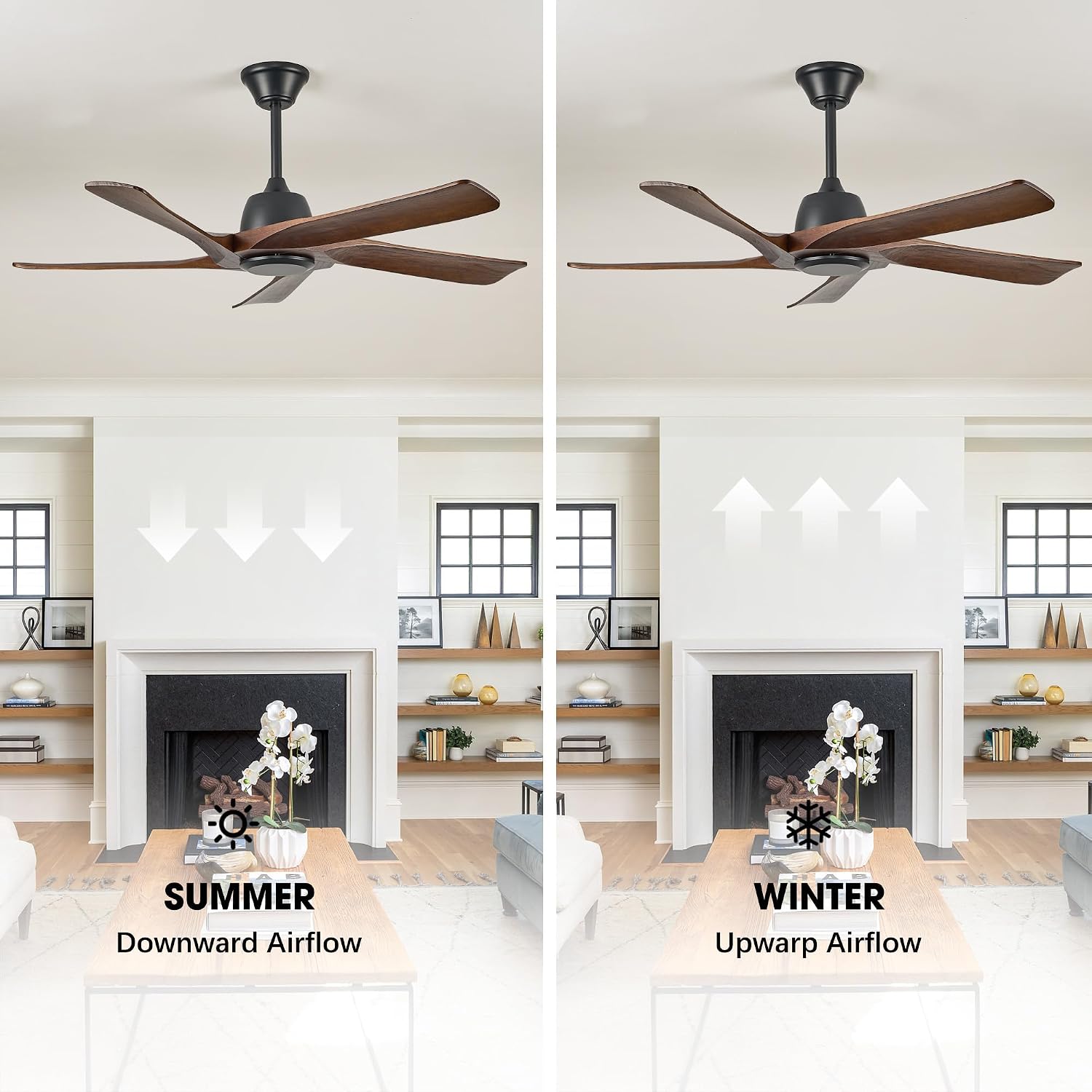 52 Inch Solid Wood Ceiling Fan No Lights, Remote and APP Control, DC Motor, 6-speed Reversible, for Bedroom, Living Room, Office, Dark Walnut
