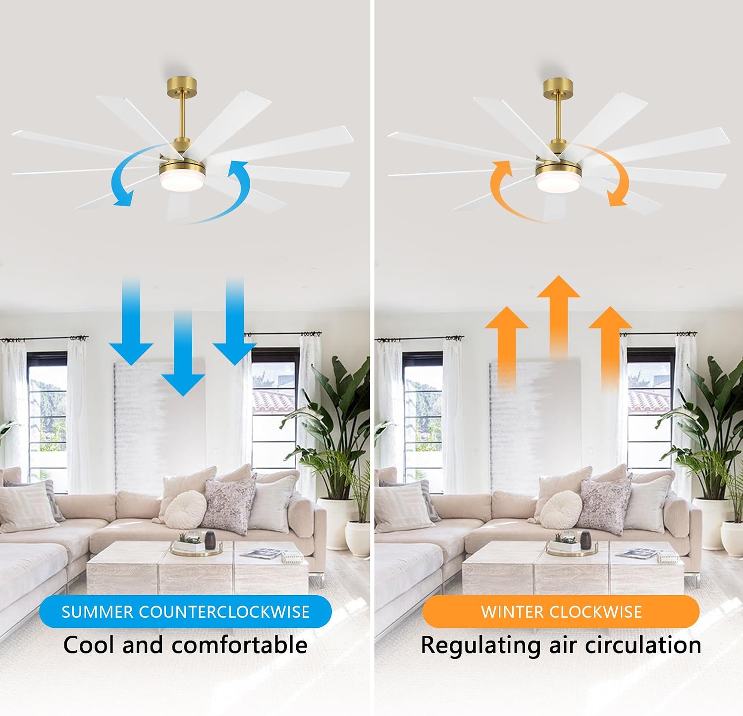 LEDLUX 64' Ceiling Fan with Light, 6-Speed Remote Control, Reversible DC Motor, Modern 9 Blades with 4.5'/12' Downrods for Home or Commercial White/Gold