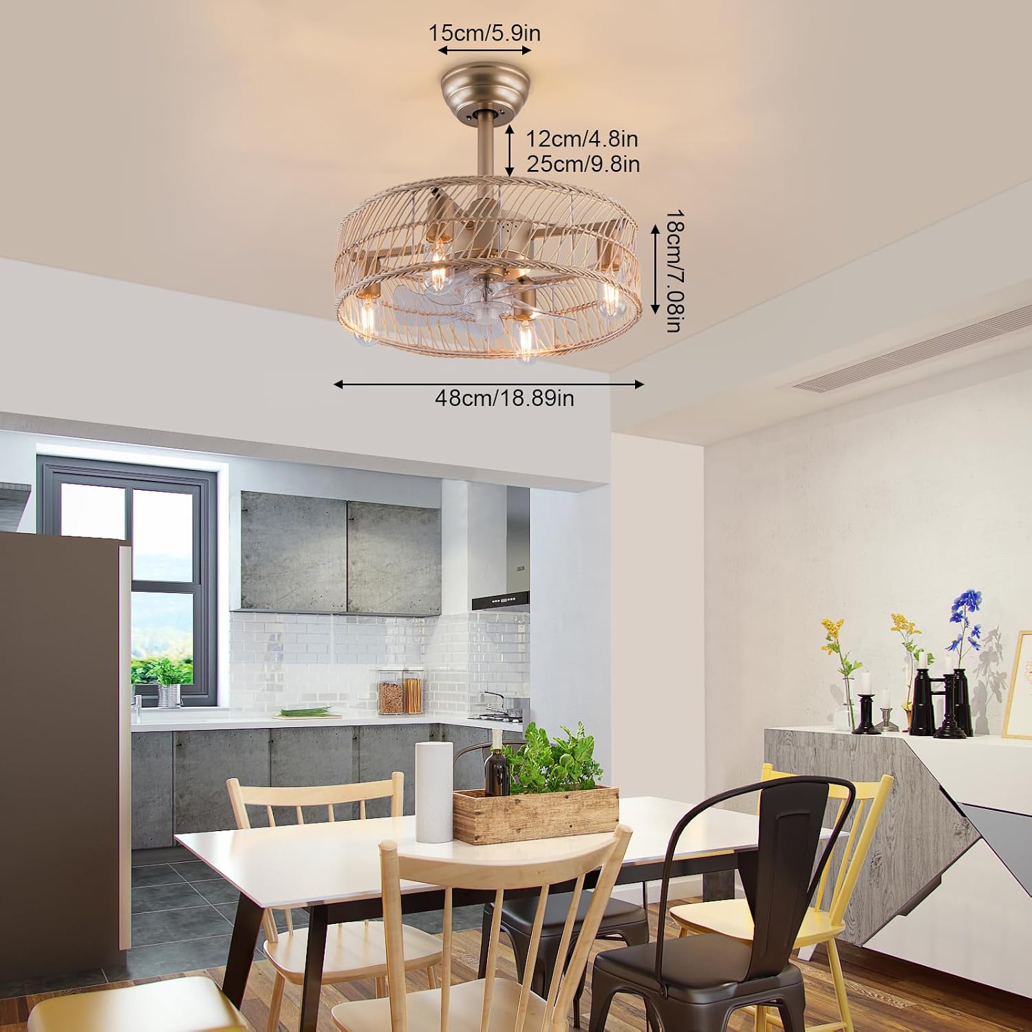 OUKANING Bamboo Art Caged Ceiling Fan with Light, Fandelier with Remote Control & Noiseless 35db - Farmhouse Rustic Bladeless Ceiling Fans Chandelier Retro Lighting Fixture