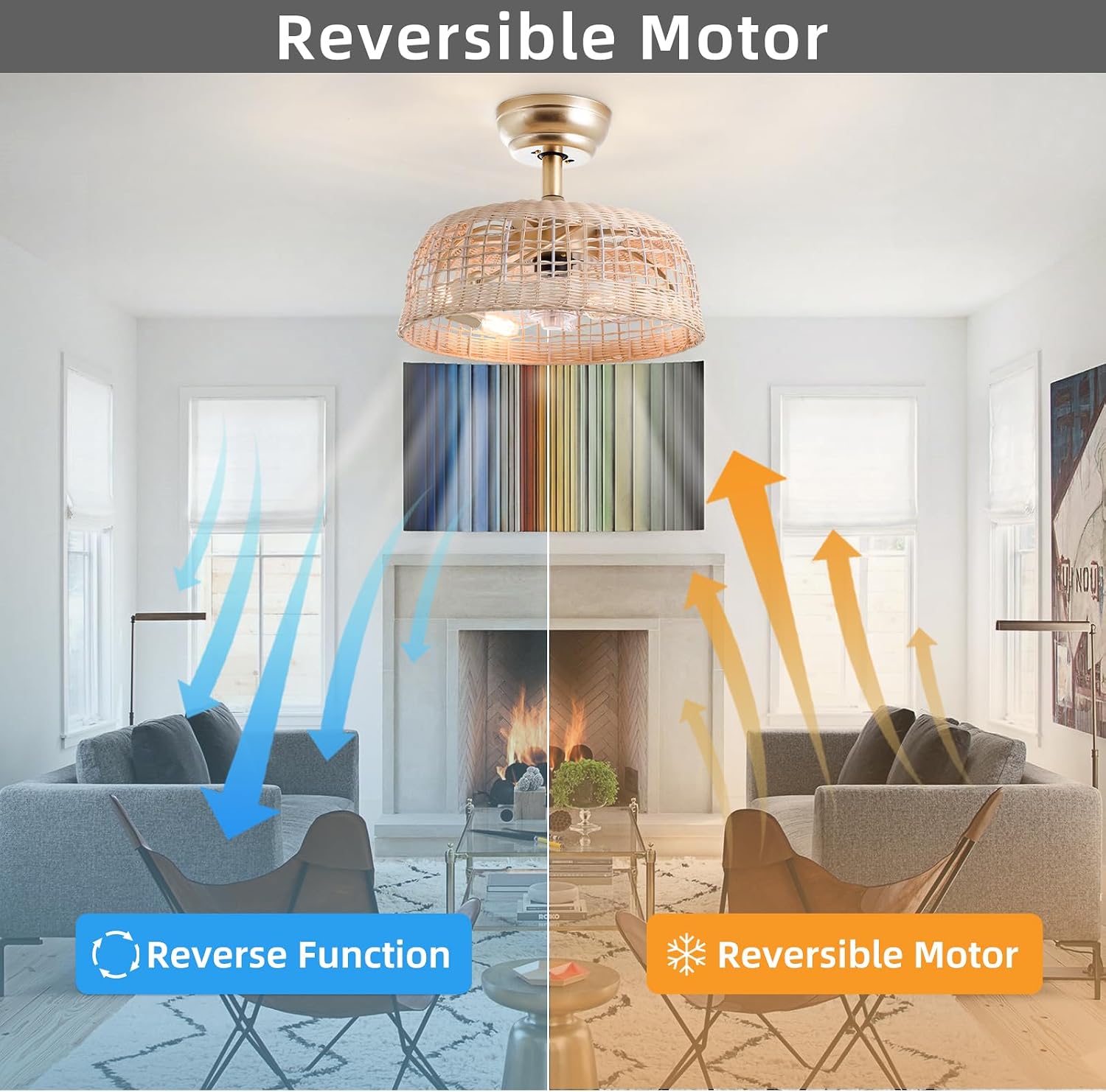 Boho Ceiling Fans with Lights 18.9in Wicker Fandelier Caged Ceiling Fan with Lighting Rattan Fandeliers for Bedroom Kitchen Dining Room Nursery Living Room, Remote Control 6 Speeds E26 Base