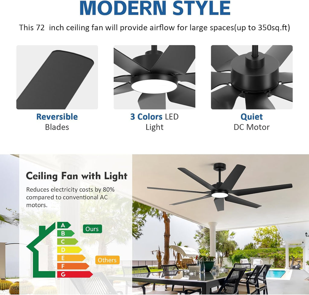 65 Inch Outdoor Ceiling Fans for Patios with Lights, Modern Black Smart Ceiling Fan with Alexa/Remote Control, Wet Rated 7-Blade Large Outdoor Fan for Living Room Gazebo Garage, Quiet DC Motor