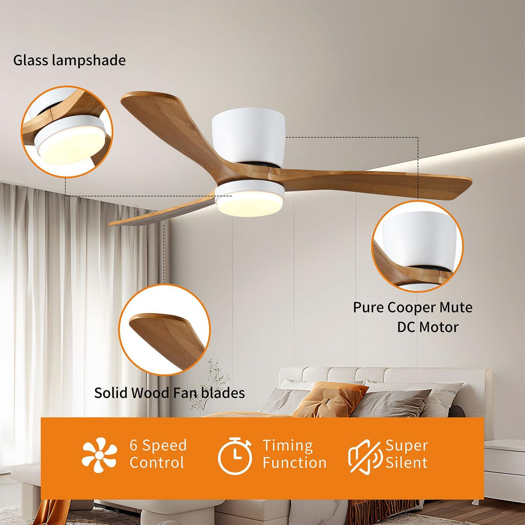 42' Ceiling Fan with Lights, Low Profile Wood Flush Mount Fan with Remote & APP Control, Quiet DC Motor, 6-Speed Reversible, 3CCT Dimmable LED for Bedroom Living Room, White Walnut