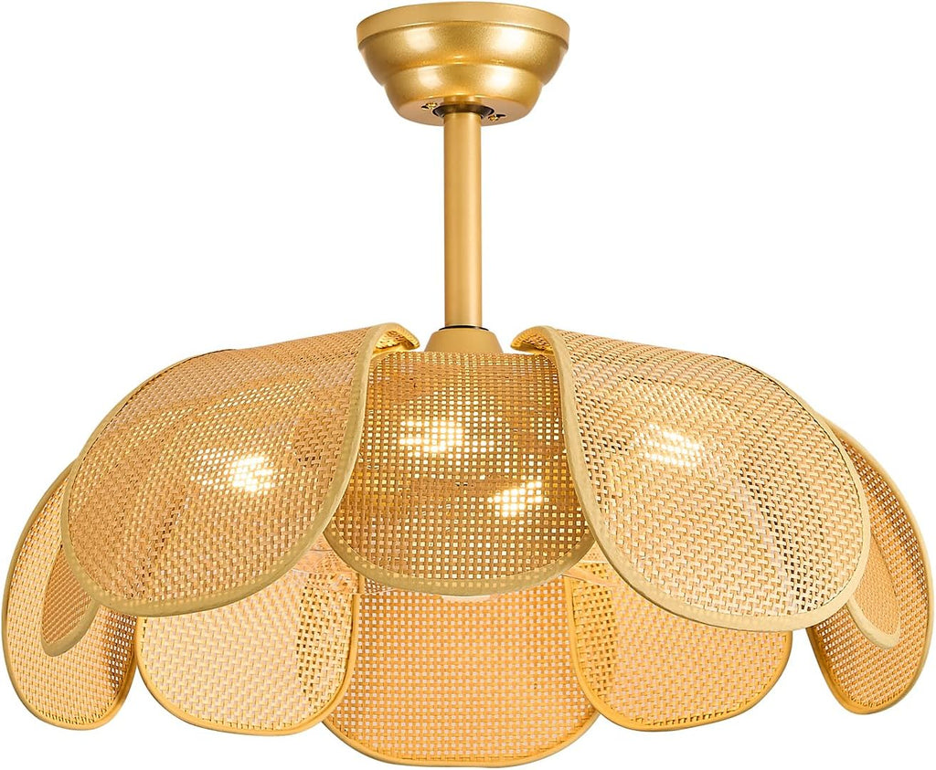 Rattan fandelier Ceiling Fan with Light Boho Ceiling Fans with Lights and Remote Gold Chandelier Fan for Bedroom, Living Room,Kitchen,Foyer(26 Inch,6 Speed, Timing Adjustable Height Flower)