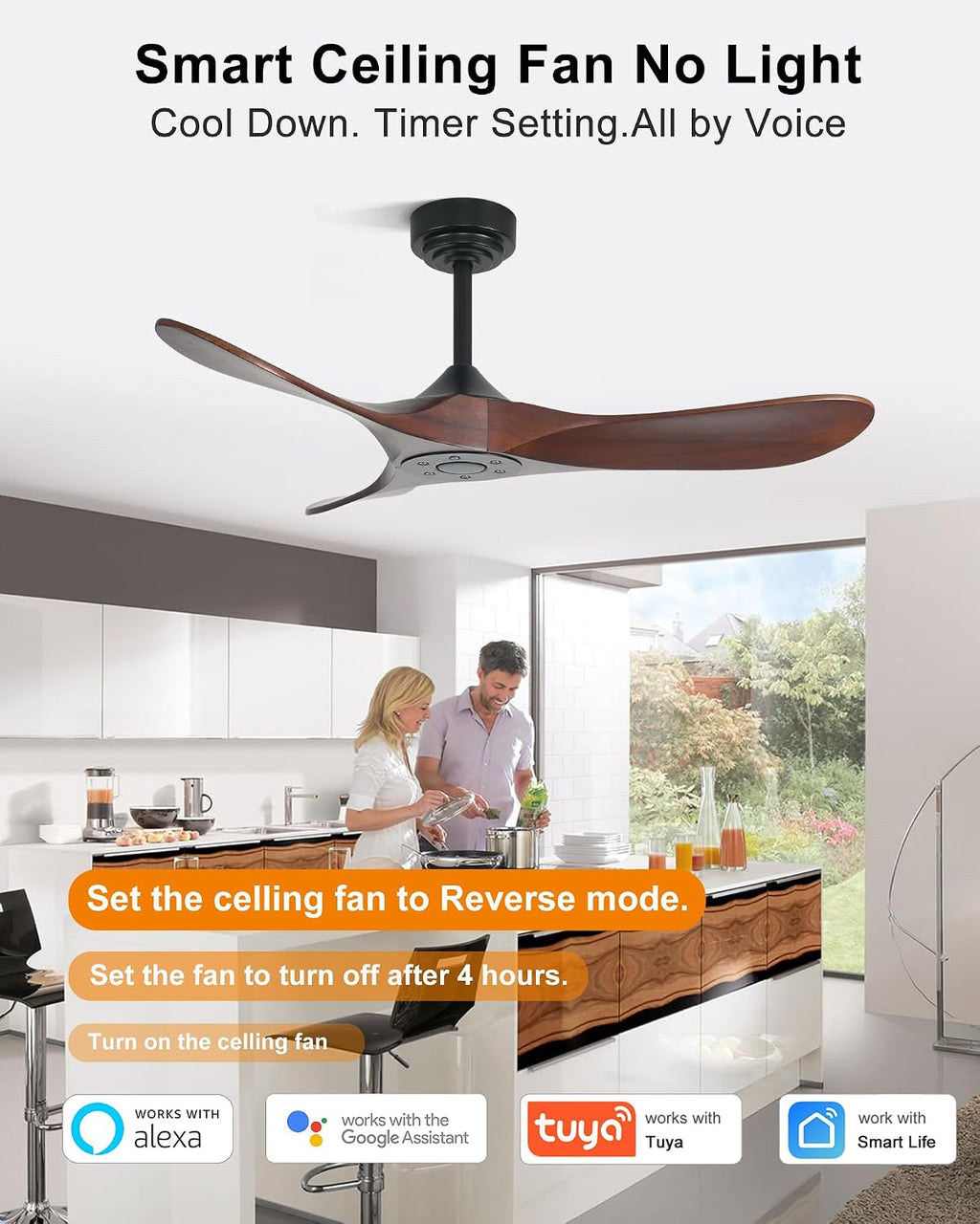 42 Inch Outdoor Ceiling Fans without Lights, Smart Wood Ceiling Fan no Light with Remote Control & Alexa/Google, Outdoor Fan for Patios Farmhouse 3 Blades High CFM Ceiling Fans Red Walnut