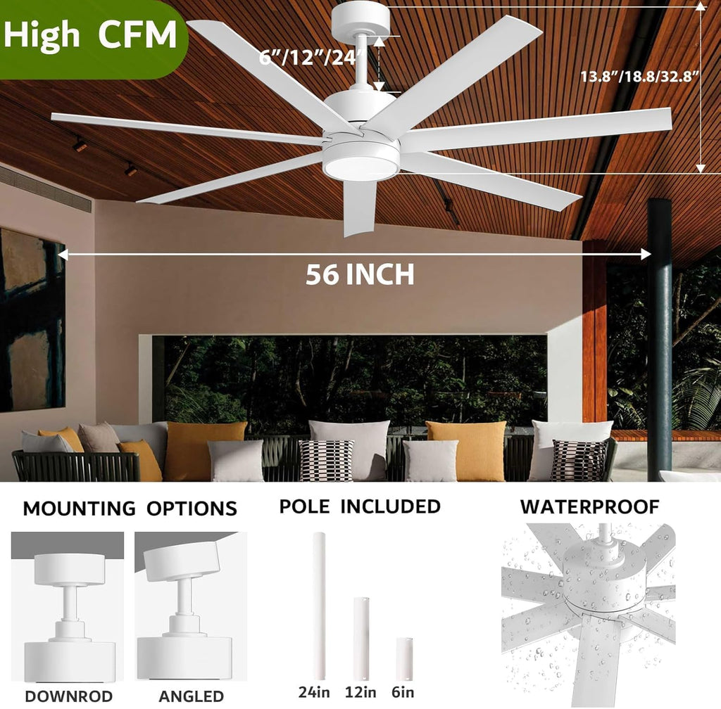 56 Inch Waterproof Outdoor Ceiling Fan with Light, Wet-Rated White Outdoor Ceiling Fans, All-Weather 7 UV-Proof Blades, High CFM Quiet DC Motor, for Exterior Patis, Porch, Terraces, Gazebo