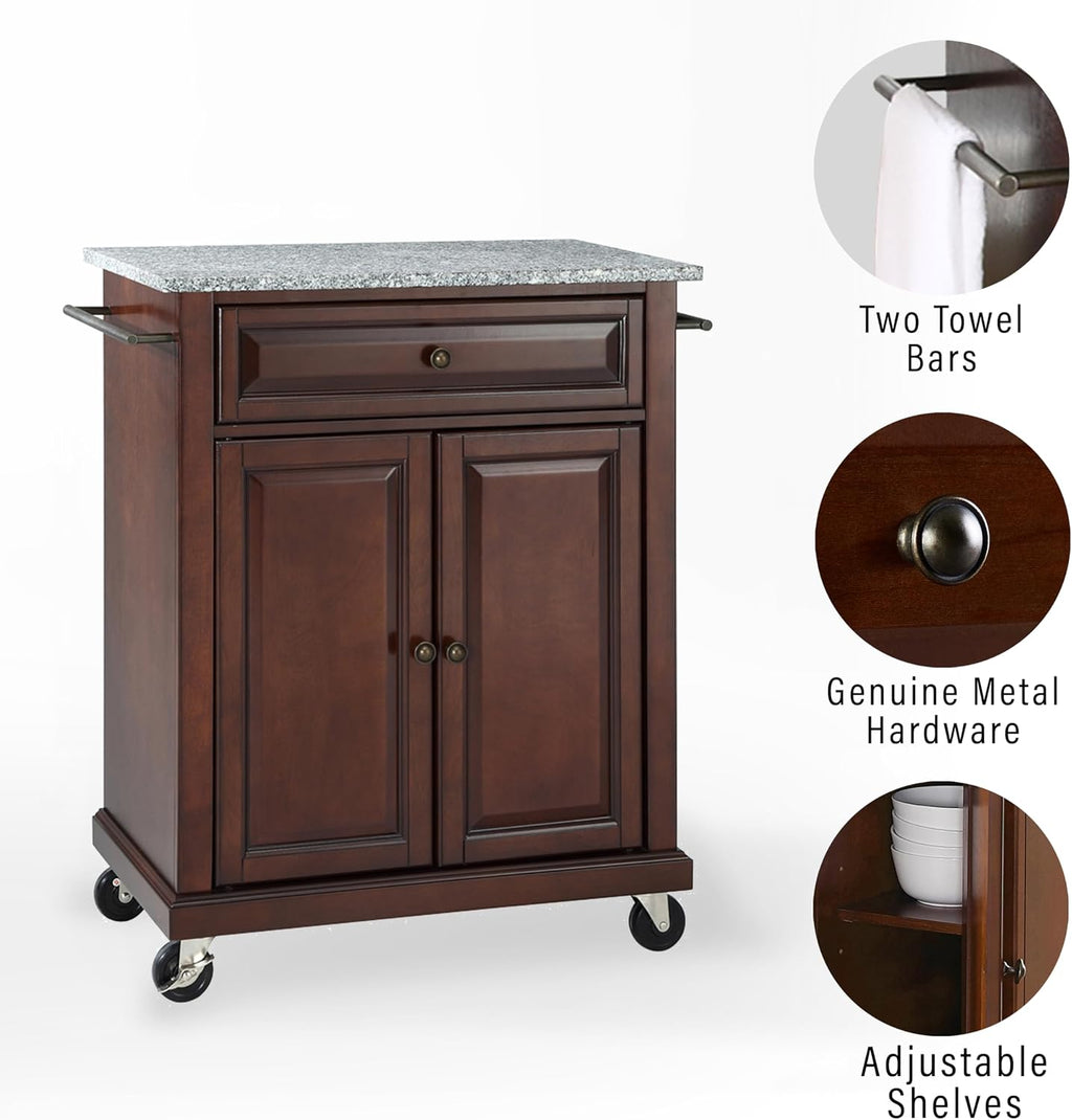 Crosley Furniture Compact Granite Top Small Rolling Cart with Shelves, Microwave Stand with Towel Rack, Mahogany