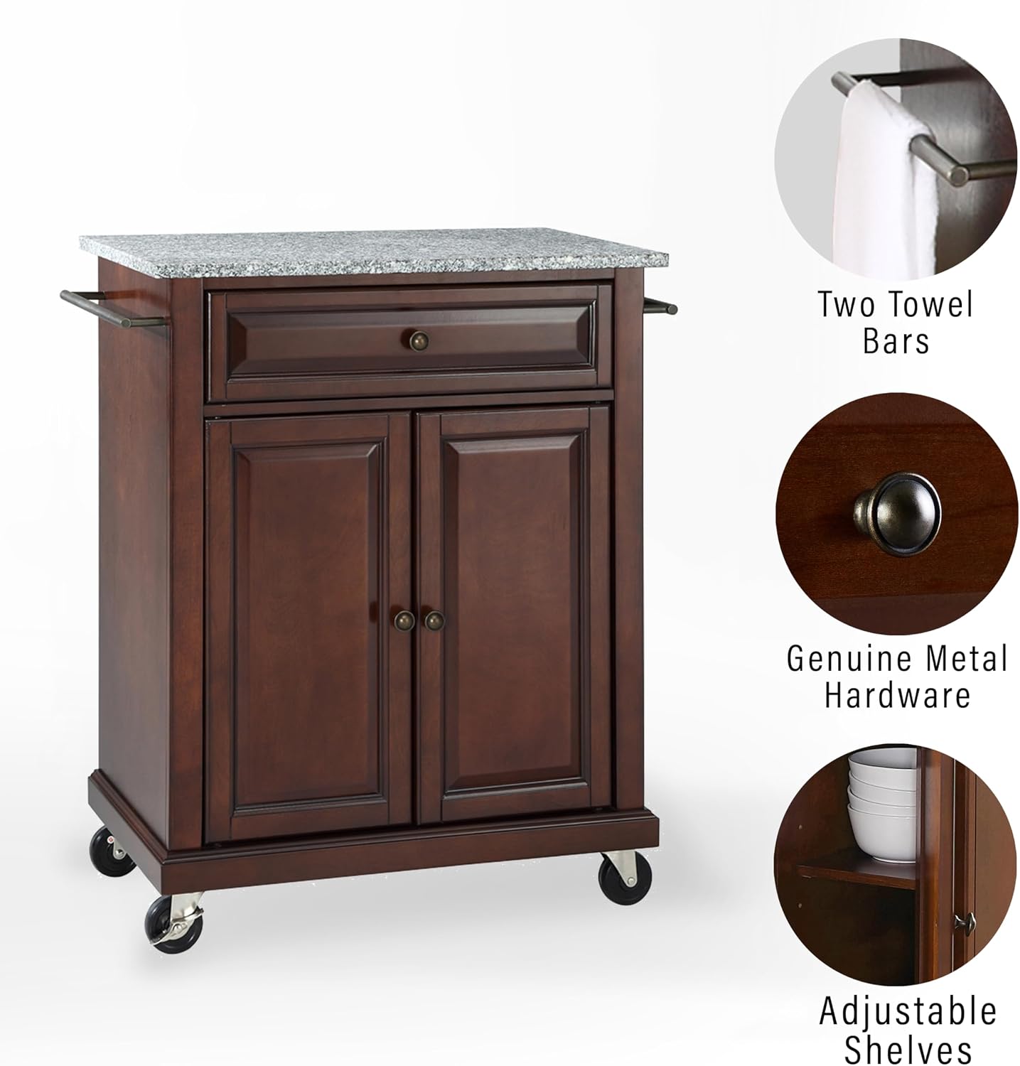 Crosley Furniture Compact Granite Top Small Rolling Cart with Shelves, Microwave Stand with Towel Rack, Mahogany