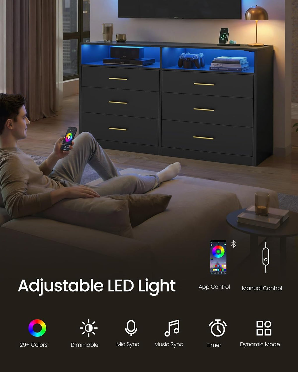 VASAGLE Custos Collection - Dresser for Bedroom, with LED Lights and Power Strip, Chest of Drawers, Modern, TV Stand for Living Room, 6 Drawers, 15.8 x 46.9 x 32 Inches, Ink Black ULTS316BC01S